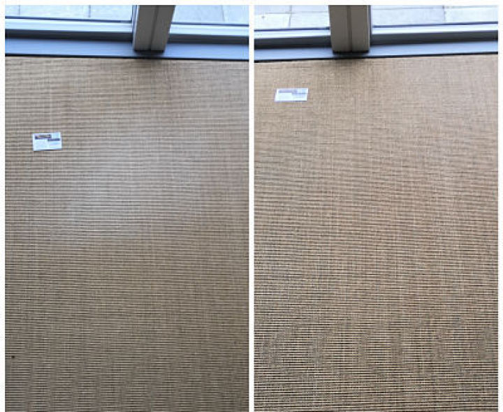 Before and after photo of sisal carpet colour repair showing a perfectly spot-dyed restoration of a colour loss stain