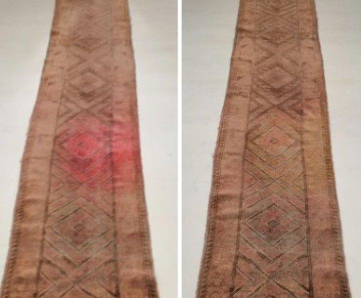 Advanced stain removal and delicate fibre treatment on an Oriental rug runner in the Brio Carpet Care workshop in Hampshire