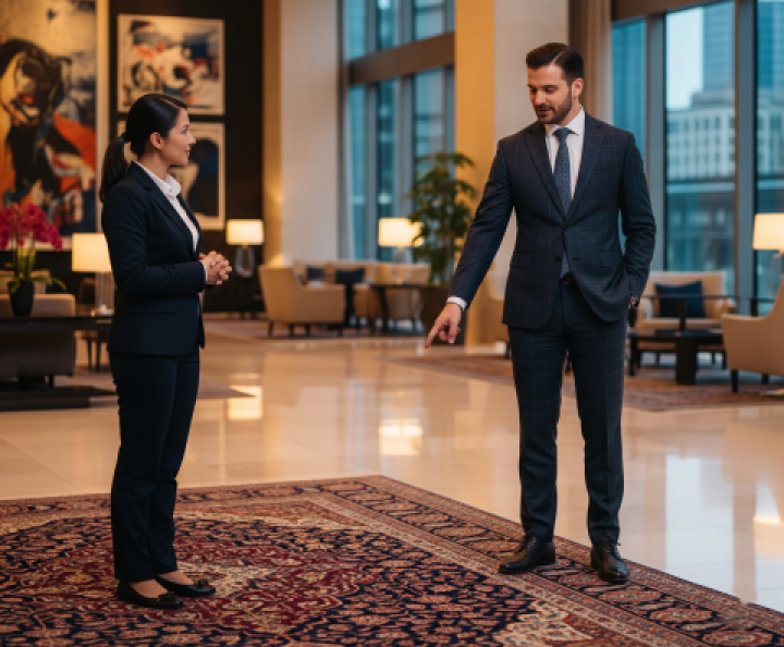 Expert textile consultant advising an interior designer in a high-end London hotel lobby on commercial carpet and rug restoration and maintenance