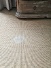 Faded patch on sisal carpet caused by moisture and agitation — visible colour loss on natural fibre flooring