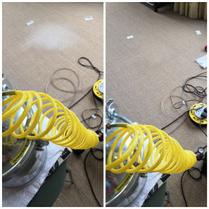 Faded area on sisal carpet showing colour loss before spot dyeing and repair