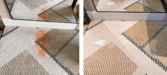 Specialist before and after result of stubborn, chemically bonded stain removal on light wool carpet fibres.