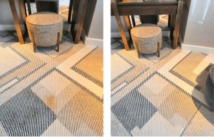 Before and after advanced curry stain removal on wool carpet, demonstrating professional colour correction by Brio.