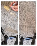 Before and after comparison of a bleach spot repair on grey carpet using syringe dye injection