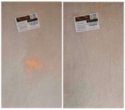 Split image showing a bright orange bleach spot on a beige wool carpet before and after professional colour restoration by Brio Carpet Care.